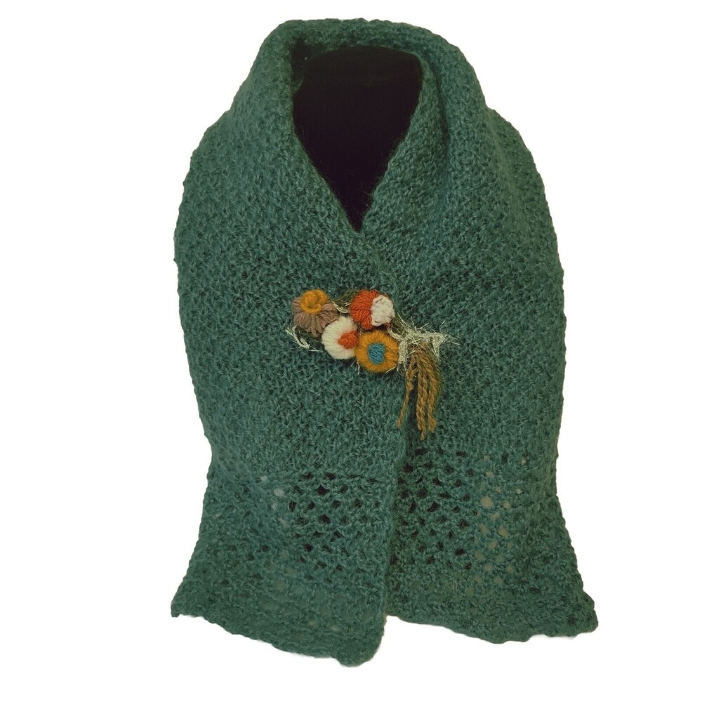 Handmade Knitted Green Retro Style Scarf With Handcrafted Colorful Flower Pin - Picture 2 of 11